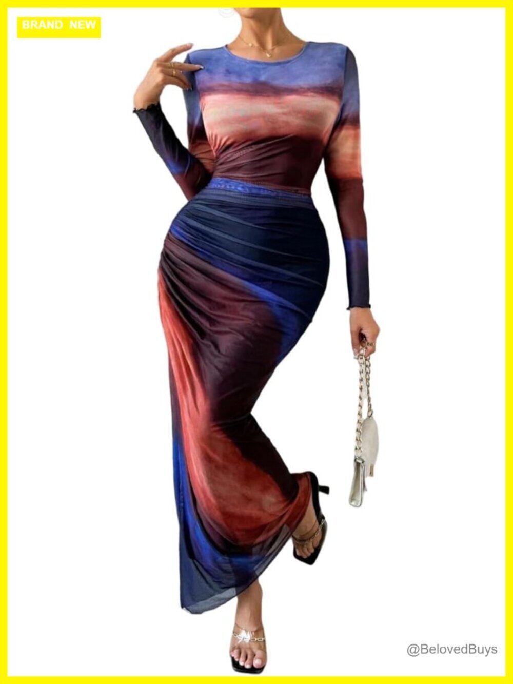 Bodycon Maxi Dress Long Sleeve Tie Dye Mesh Ruched Cocktail Dress